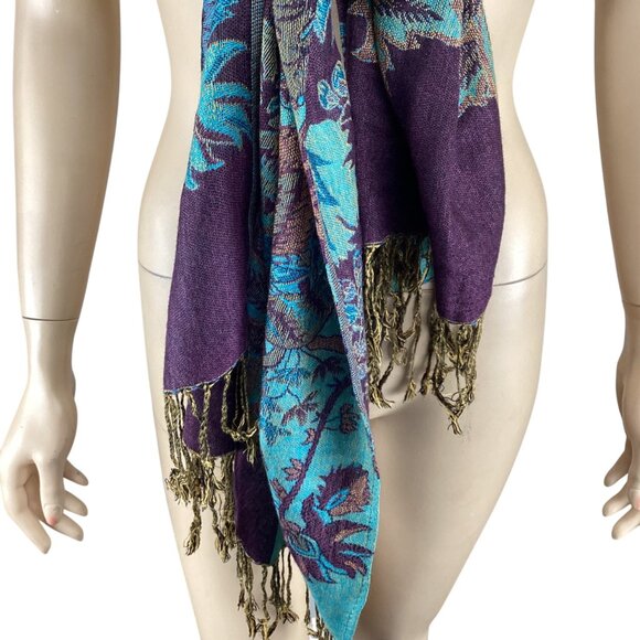 Floral Paisley Cashmere Shawl Scarf Wrap W/ Fringe Turquoise & Purple - Picture 3 of 6